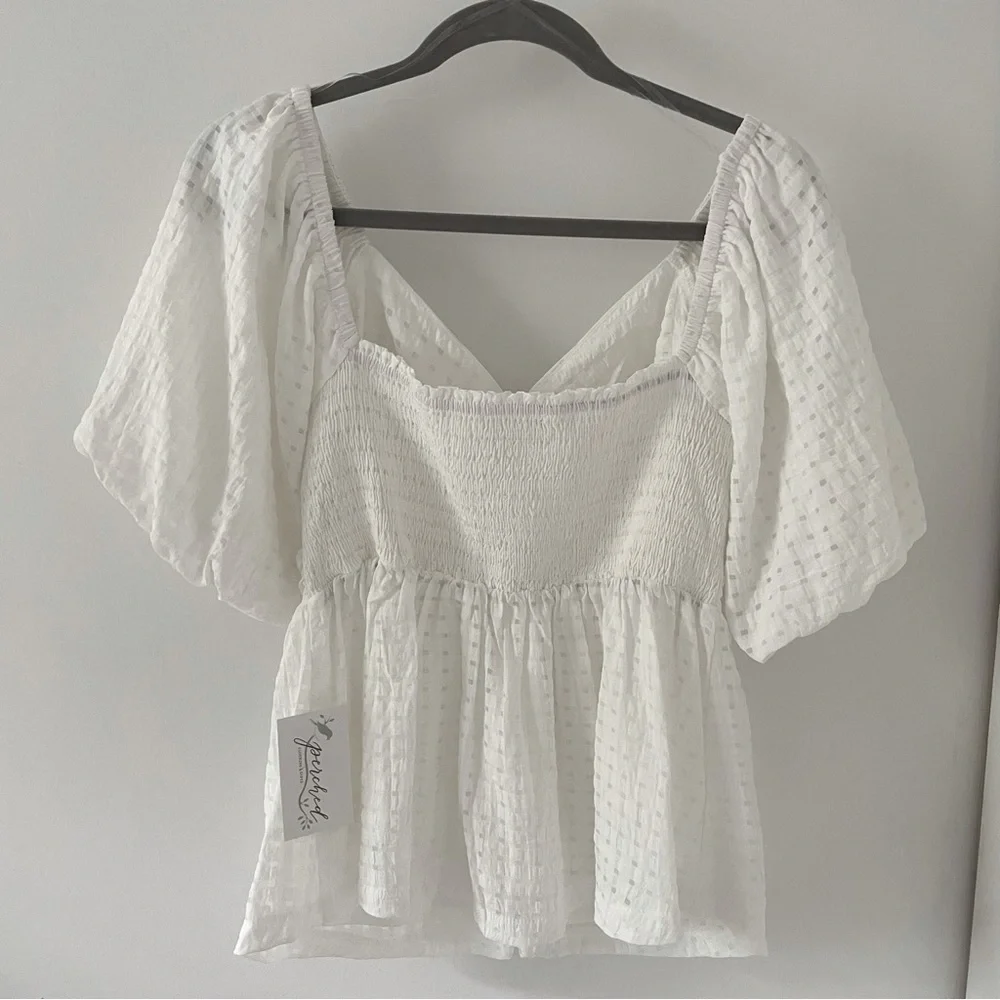NWT &Merci- A ivory textured gingham puff sleeve Top medium size - Picture 2 of 6